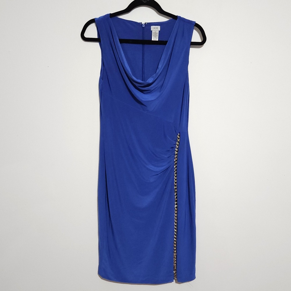 Cache Dress Size M Sleeveless Knee Length Royal Blue Gold Chain Ruched Party